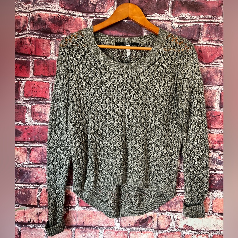 Kensie Gray Open-Knit Mesh Crew Neck Metallic Shimmer Sweater Size XS